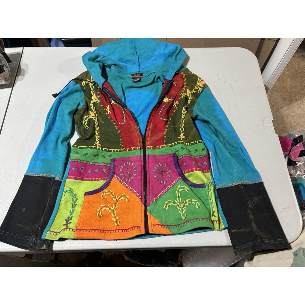 Rising International Boho Hippie Hoodie Jacket Women's Sz L Patchwork Full Zip